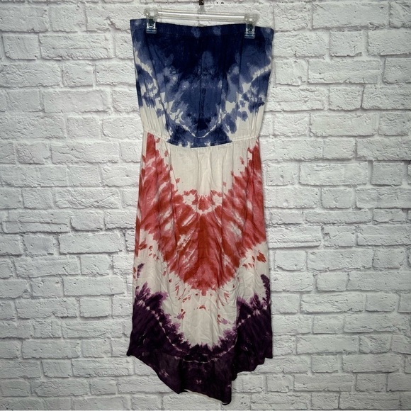 Angie Women's Tie Dye Red and Blue Strapless Long Maxi Dress - Picture 6 of 14